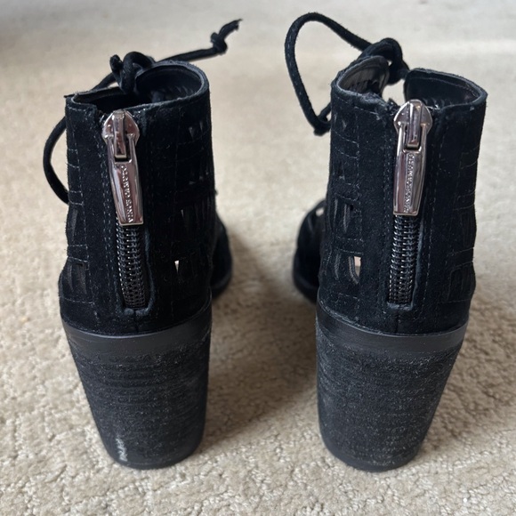 Vince Camuto Tarita Black Cutout Suede Block Peep Toe Lace Heels in Size 5. - Picture 4 of 16